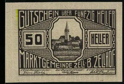 Notgeld Zell bei Zellhof 1920, 50 Heller, Ortsansichten mit Kirche und Landschaft