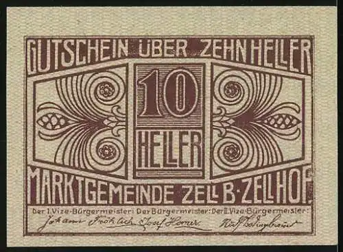 Notgeld Zell bei Zellhof 1920, 10 Heller, Stadtansicht und Ornamente