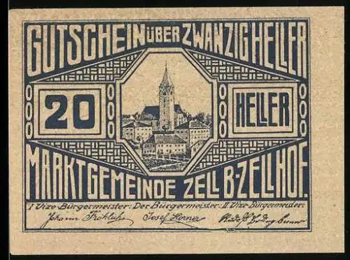 Notgeld Zell b. Zellhof 1920, 20 Heller, Stadtansicht mit Kirche und Gebäudeansicht, gültig bis 31. Dezember 1920