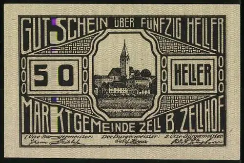 Notgeld Zell b. Zellhof 1920, 50 Heller, Ortsansicht mit Kirche und Landschaft