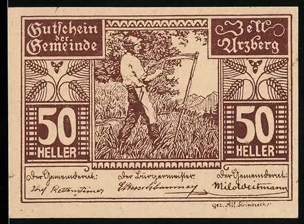 Notgeld Zell-Arzberg 1920, 50 Heller, Bauer mit Sense, Ausgabe der Gemeinde mit Einlösebedingungen