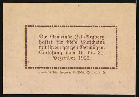 Notgeld Zell-Arzberg 1920, 50 Heller, Bauer mit Sense, Ausgabe der Gemeinde mit Einlösebedingungen