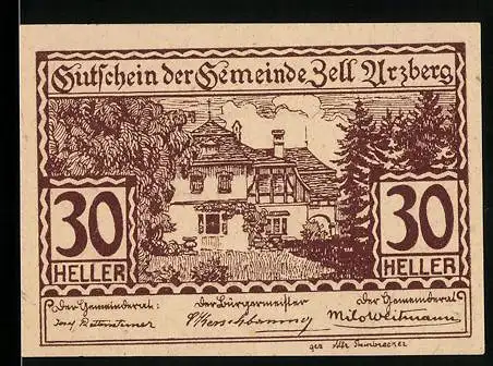 Notgeld Zell-Arzberg 1920, 30 Heller, Haus mit Bäumen und Schriftzug Gutschein der Gemeinde Zell-Arzberg