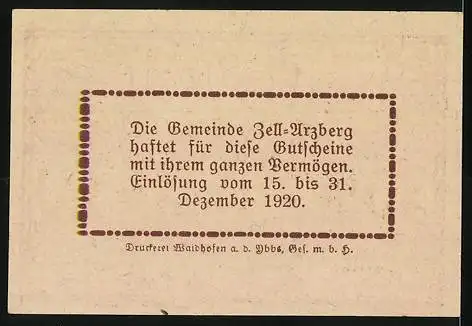 Notgeld Zell-Arzberg 1920, 30 Heller, Haus mit Bäumen und Schriftzug Gutschein der Gemeinde Zell-Arzberg