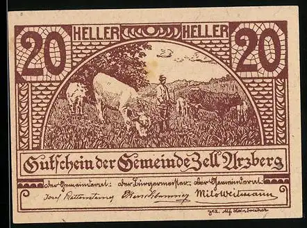 Notgeld Zell-Arzberg 1920, 20 Heller, Bauer mit Kühen auf Feld, Gutschein der Gemeinde