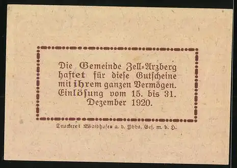 Notgeld Zell-Arzberg 1920, 20 Heller, Bauer mit Kühen auf Feld, Gutschein der Gemeinde