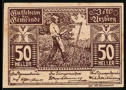 Notgeld Zell-Arzberg 1920, 50 Heller, Mann bei der Feldarbeit mit Sense