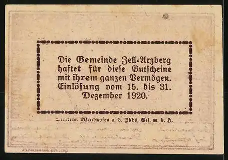 Notgeld Zell-Arzberg 1920, 50 Heller, Mann bei der Feldarbeit mit Sense