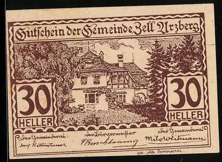 Notgeld Zell-Arzberg 1920, 30 Heller, Haus in Landschaft, Text zur Einlösung und Gültigkeit