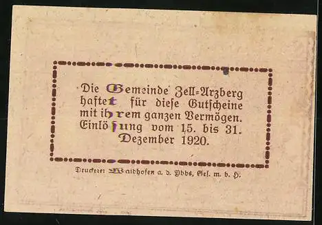 Notgeld Zell-Arzberg 1920, 30 Heller, Haus in Landschaft, Text zur Einlösung und Gültigkeit