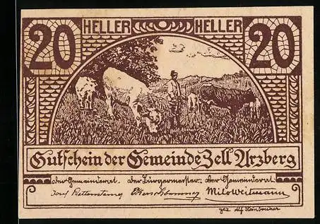 Notgeld Zell-Arzberg 1920, 20 Heller, Bauer mit Kühen auf Feld