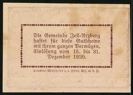 Notgeld Zell-Arzberg 1920, 20 Heller, Bauer mit Kühen auf Feld