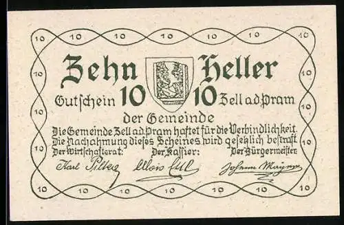 Notgeld Zell a. d. Pram 1920, 10 Heller, mit Wappen und Hausmotiv