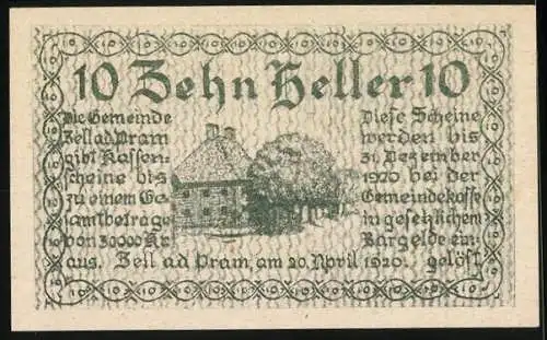 Notgeld Zell a. d. Pram 1920, 10 Heller, mit Wappen und Hausmotiv