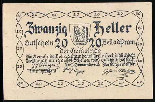 Notgeld Zell a. d. Pram 1920, 20 Heller, Brauhaus-Motiv und Wappen