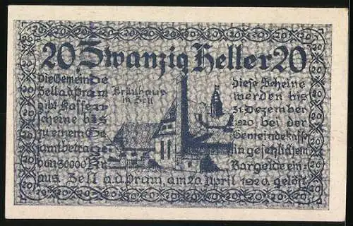 Notgeld Zell a. d. Pram 1920, 20 Heller, Brauhaus-Motiv und Wappen