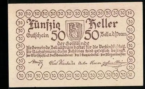 Notgeld Zell a. d. Pram 1920, 50 Heller, Schloss-Motiv und Wappen der Gemeinde