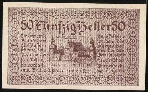 Notgeld Zell a. d. Pram 1920, 50 Heller, Schloss-Motiv und Wappen der Gemeinde