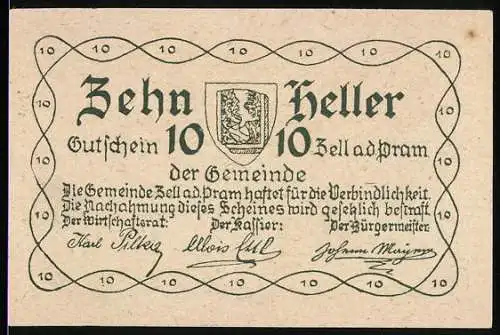 Notgeld Zell a. d. Pram 1920, 10 Heller, Gemeindewappen und Gebäude mit Bäumen