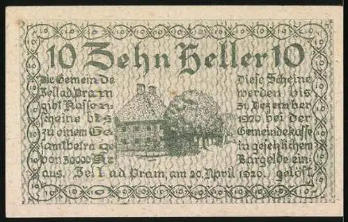 Notgeld Zell a. d. Pram 1920, 10 Heller, Gemeindewappen und Gebäude mit Bäumen