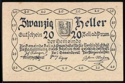 Notgeld Zell a. d. Pram 1920, 20 Heller, Wappen und Ansichten von Zell