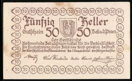 Notgeld Zell a. d. Pram 1920, 50 Heller, Schloss Zell am See, Wappen und Unterschriften