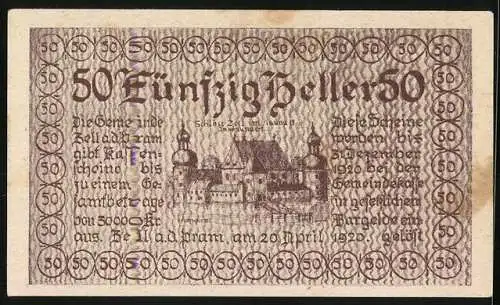 Notgeld Zell a. d. Pram 1920, 50 Heller, Schloss Zell am See, Wappen und Unterschriften