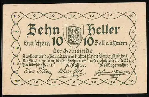 Notgeld Zell a. d. Pram 1920, 10 Heller, Gemeindewappen und Gebäude mit Bäumen