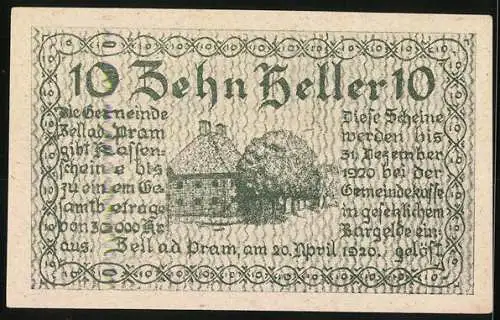 Notgeld Zell a. d. Pram 1920, 10 Heller, Gemeindewappen und Gebäude mit Bäumen