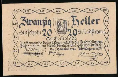 Notgeld Zell a. d. Pram 1920, 20 Heller, Wappen und Dorfszene mit Kirche