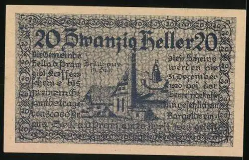 Notgeld Zell a. d. Pram 1920, 20 Heller, Wappen und Dorfszene mit Kirche