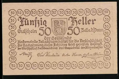 Notgeld Zell a. d. Pram 1920, 50 Heller, Wappen und Schlossansicht