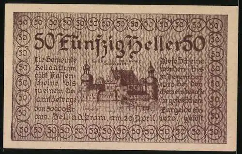 Notgeld Zell a. d. Pram 1920, 50 Heller, Wappen und Schlossansicht