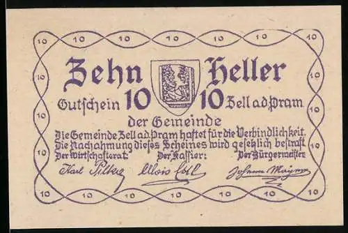 Notgeld Zell a. d. Pram 1920, 10 Heller, Wappen und Haus mit Baum im Hintergrund