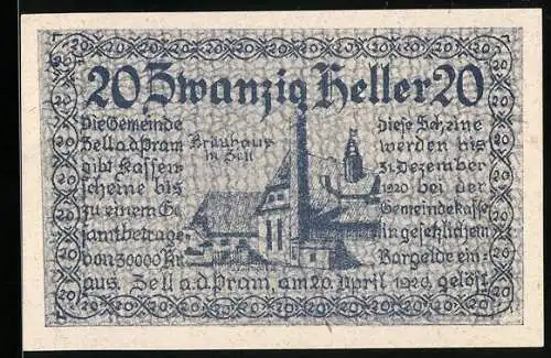 Notgeld Zell an der Pram 1920, 20 Heller, Dorflandschaft und Wappen, Seriennummer vorhanden