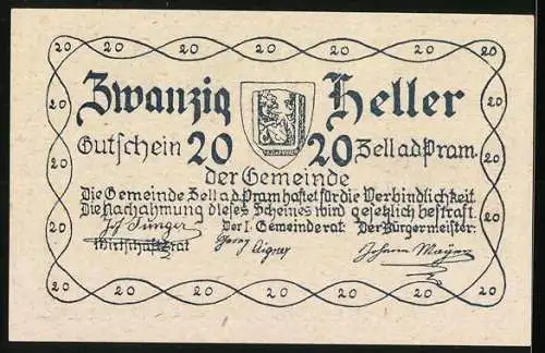 Notgeld Zell an der Pram 1920, 20 Heller, Dorflandschaft und Wappen, Seriennummer vorhanden