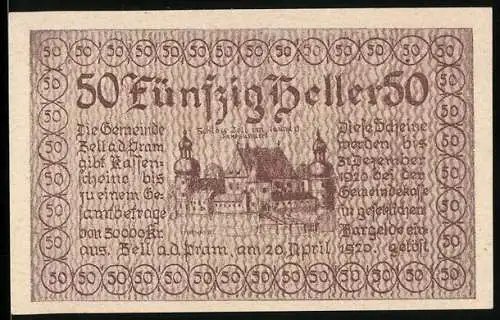 Notgeld Zell a.d. Pram 1920, 50 Heller, Schloss Zell und Gemeindewappen