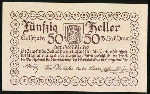 Notgeld Zell a.d. Pram 1920, 50 Heller, Schloss Zell und Gemeindewappen