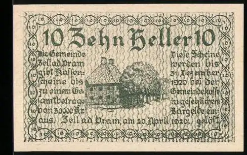 Notgeld Zell a. d. Pram 1920, 10 Heller, Haus und Bäume, Wappen und Unterschriften