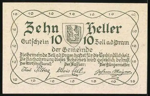 Notgeld Zell a. d. Pram 1920, 10 Heller, Haus und Bäume, Wappen und Unterschriften