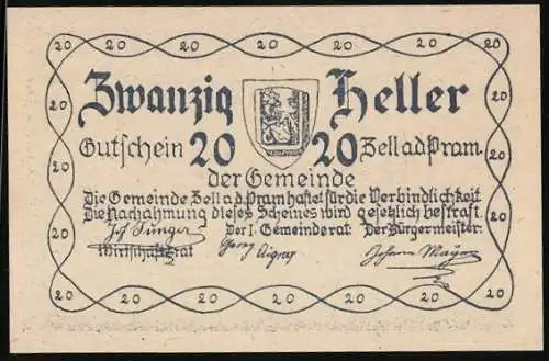 Notgeld Zell a. d. Pram 1920, 20 Heller, Wappen und Landschaftsmotiv mit Gebäuden