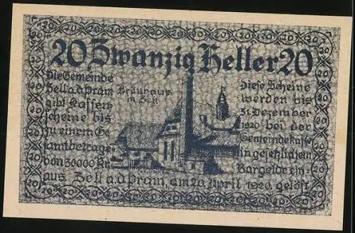 Notgeld Zell a. d. Pram 1920, 20 Heller, Wappen und Landschaftsmotiv mit Gebäuden