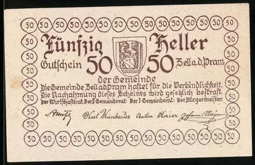 Notgeld Zell a. d. Pram 1920, 50 Heller, Schlossansicht, Wappen und Signaturen