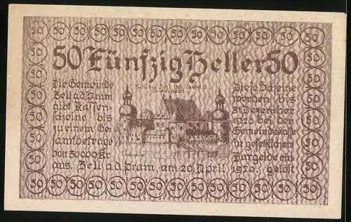 Notgeld Zell a. d. Pram 1920, 50 Heller, Schlossansicht, Wappen und Signaturen