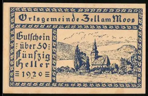 Notgeld Zell a. d. Pram 1920, 50 Heller, Kirche und Landschaftsmotiv