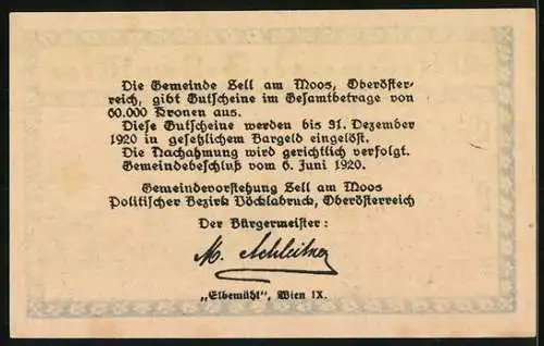 Notgeld Zell a. d. Pram 1920, 50 Heller, Kirche und Landschaftsmotiv