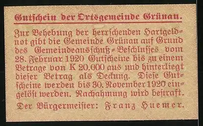 Notgeld Grünau 1920, 5 Heller, Landschaft mit Bauernhaus und Bergen