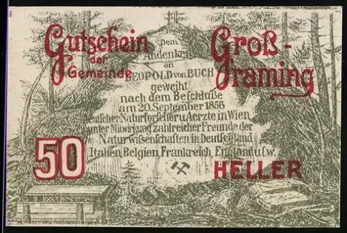 Notgeld Grossraming 1920, 50 Heller, Denkmal für Leopold von Buch im Wald, Gemeindehaftungstext