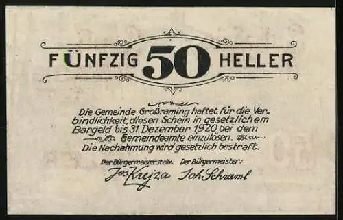 Notgeld Grossraming 1920, 50 Heller, Denkmal für Leopold von Buch im Wald, Gemeindehaftungstext