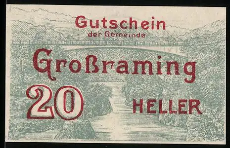 Notgeld Grossraming 1920, 20 Heller, Landschaftsansicht mit Brücke und Fluss